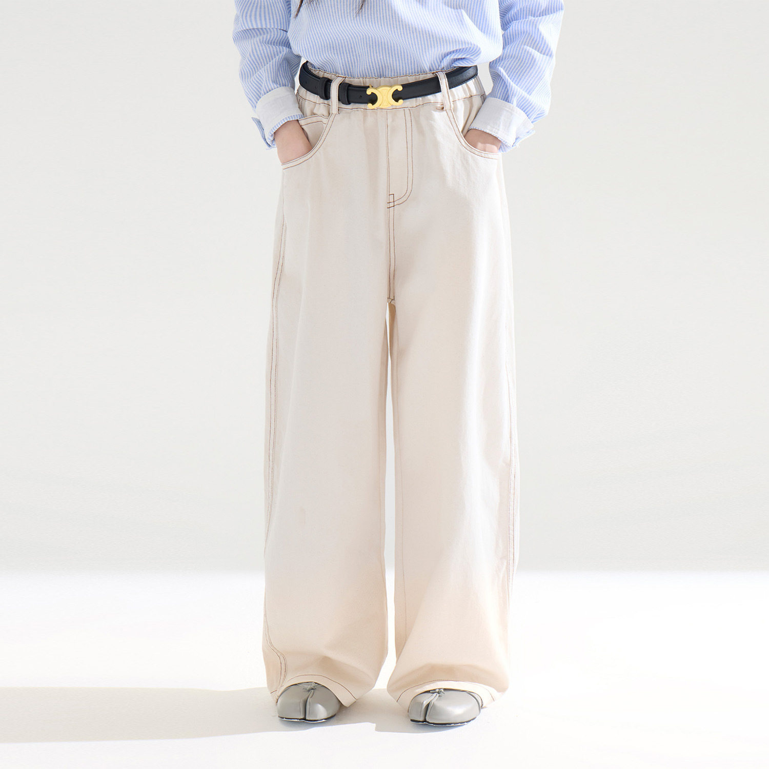 女童高级质感低调明线牛仔裤2026秋装新款儿童高腰宽松韩系阔腿裤