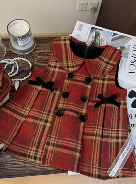 韩版童装2025新款秋冬女童背心裙儿童红色格子蝴蝶结加绒连衣裙潮