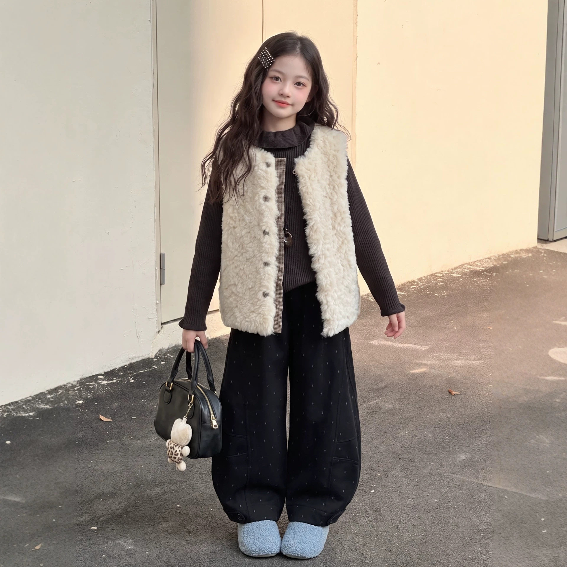羊羔毛马甲套装女童洋气韩系穿搭初中生女款叠穿毛衣裤子加绒衣服