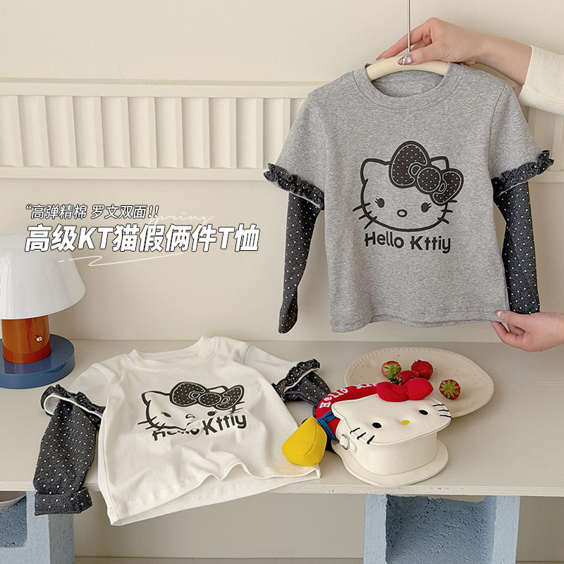 谢金毛女童春季上衣2026年春装新款洋气高弹精棉罗文KT猫假2件T恤