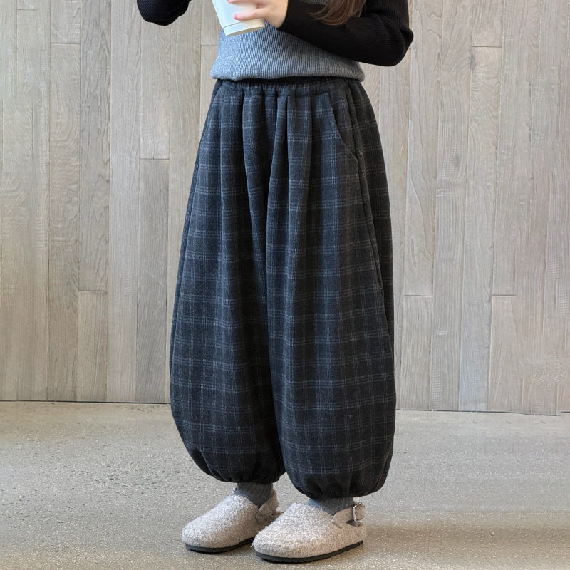 【加绒】女童裤子复古格纹肌理灯笼裤儿童韩系格子长裤休闲收口裤