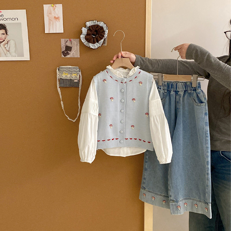 女童针织马甲花边领衬衫三件套春秋季儿童甜美百搭牛仔裤子套装潮