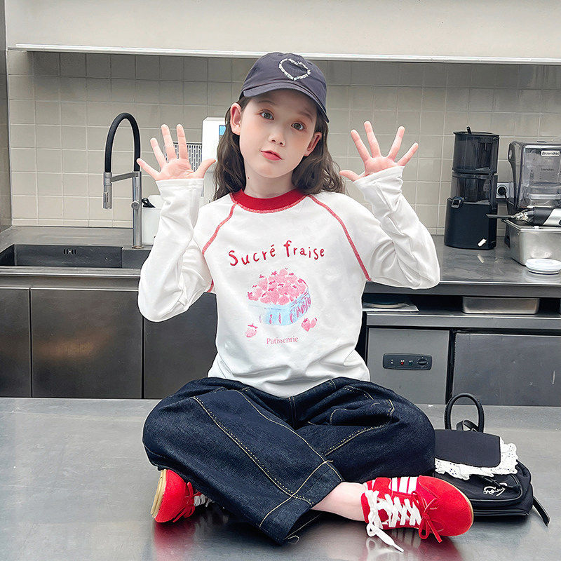 女童短装白t恤儿童长袖内搭打底衫大童洋气上衣2026春秋装新款