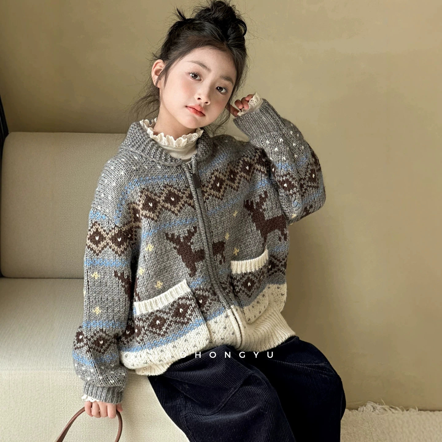 小红鱼女童美拉德针织开衫外套秋冬款大童女装独特亲子装上衣童装
