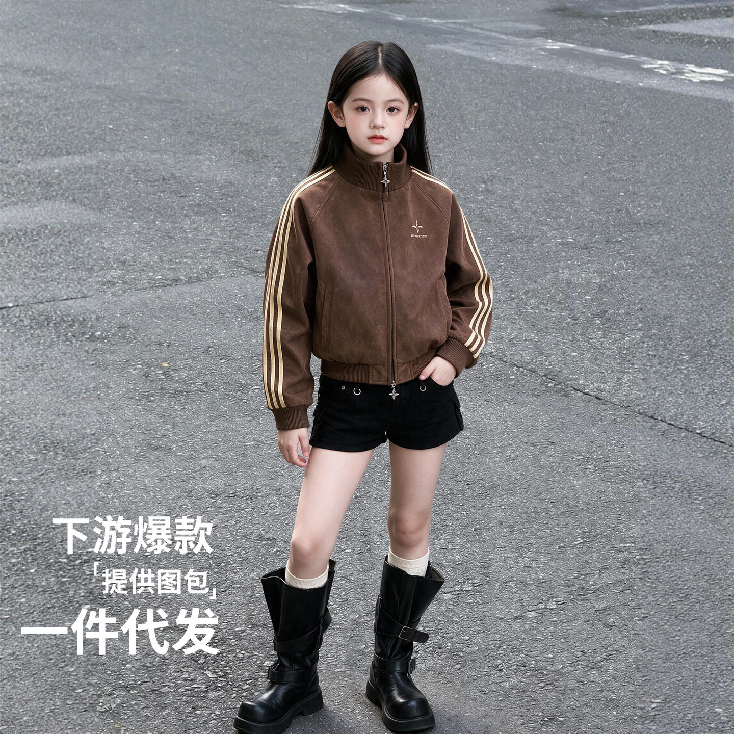 美式复古拉链立领卫衣女童春秋2026新款休闲宽松运动学生开衫外套