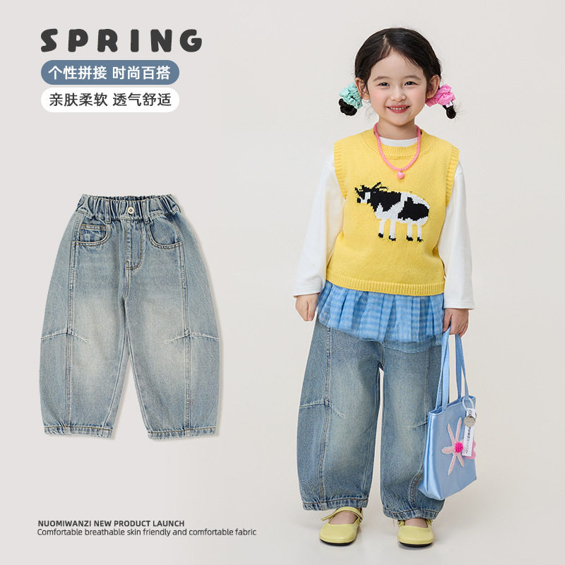 糯米丸子童装2026春季女童韩系可爱洋气百搭拼接休闲弯刀牛仔裤潮