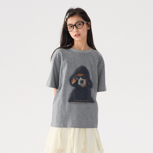 女童小狗印花短袖t恤2026春夏新款儿童韩版圆领宽松百搭洋气上衣