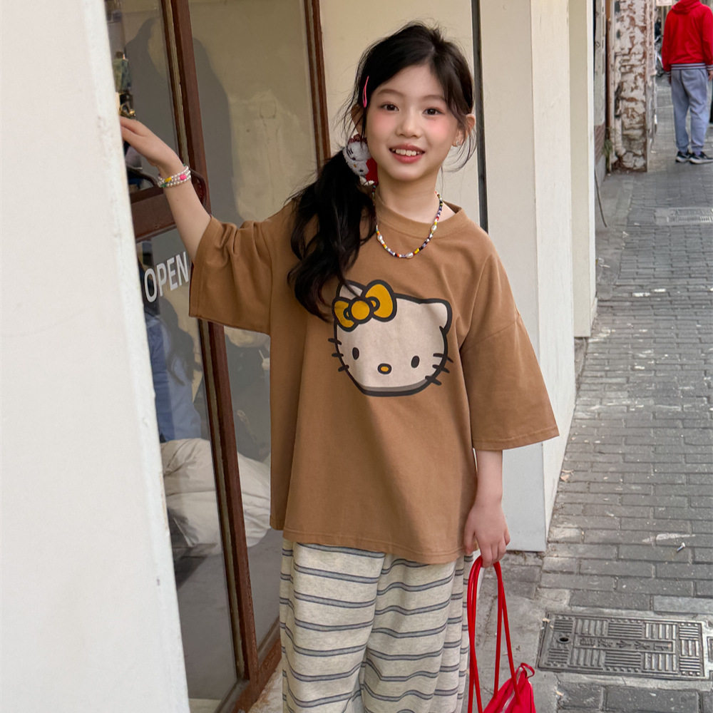花与寻童装女童短袖2026年春款KT猫印花亲肤宽松洋气儿童亲子T恤