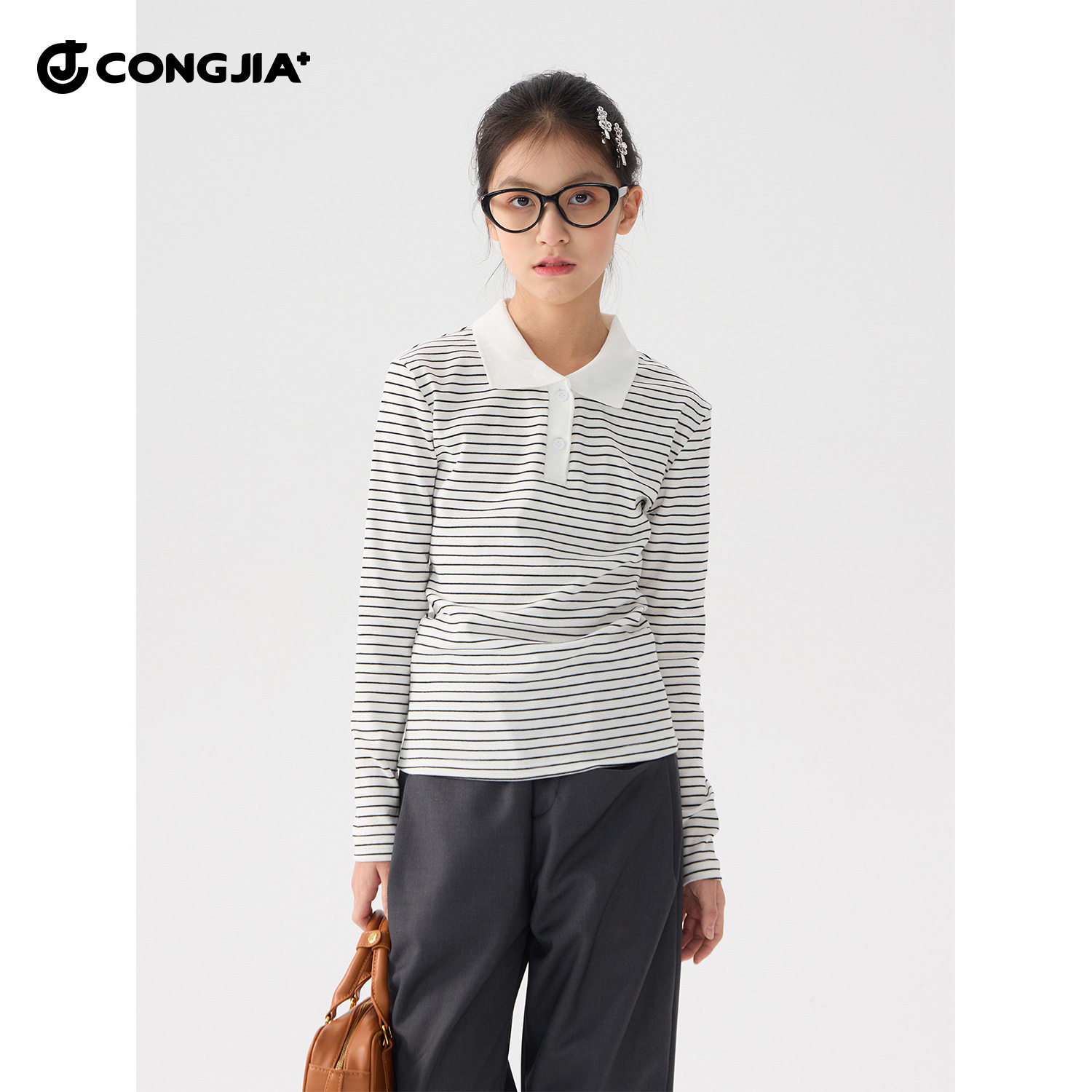 女童条纹长袖t恤2026春装新款儿童POLO领休闲百搭洋气打底衫上衣