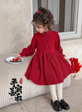 童森童马拜年服女童红色连衣裙2026新中式新年衣服战袍毛衣裙年服