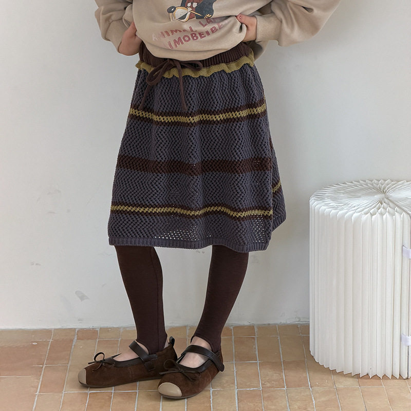 艾摩贝贝女童条纹针织半身裙儿童韩版A字裙镂空撞色花边毛线裙