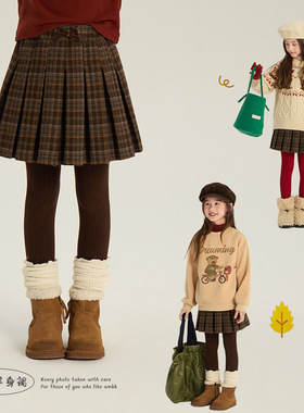 艾摩贝贝2025冬中大女童韩版学院风格子半身裙百搭复古毛呢百褶裙