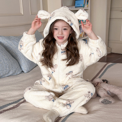 艾摩贝贝2025冬季新款女童卡通可爱保暖睡衣小熊连帽毛绒绒