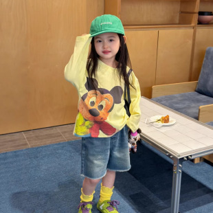 童装 五分裤 女童卡通米奇印花长袖 牛仔中裤 T恤儿童韩版 26春夏新款