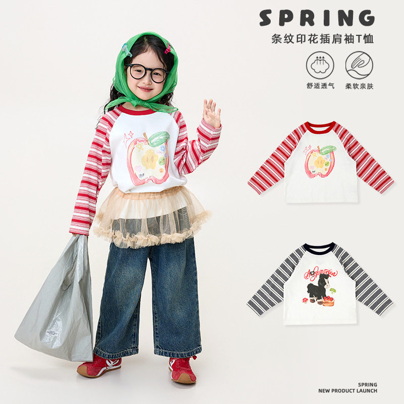 糯米丸子童装26春款女童韩系舒适可爱百搭插肩袖纯棉印花条纹T恤