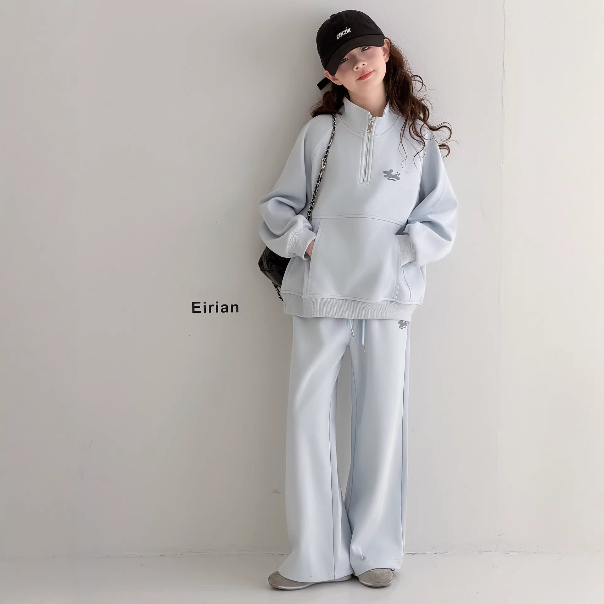 女童卫衣套装春秋2026新款中大童半拉链立领上衣韩版阔腿裤两件套