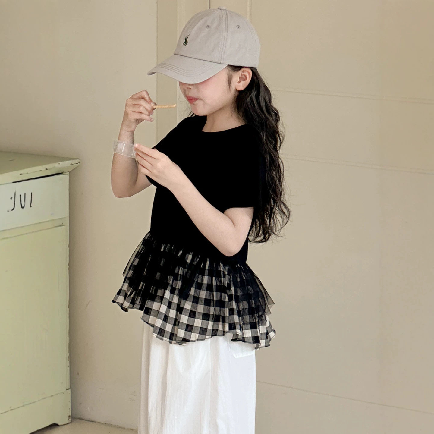 小红鱼女童拼接短袖T恤夏装2026新款女大童夏季亲子上衣儿童体恤