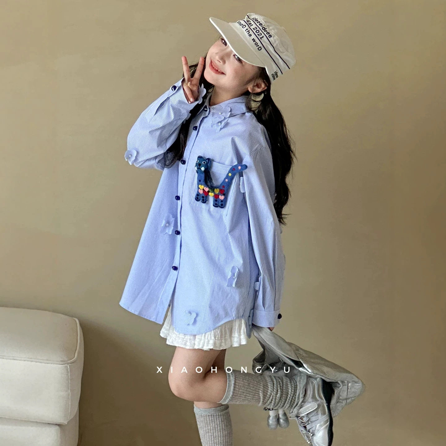 小红鱼女童长袖衬衫秋装2026新款秋季翻领衬衣女大童装亲子装上衣