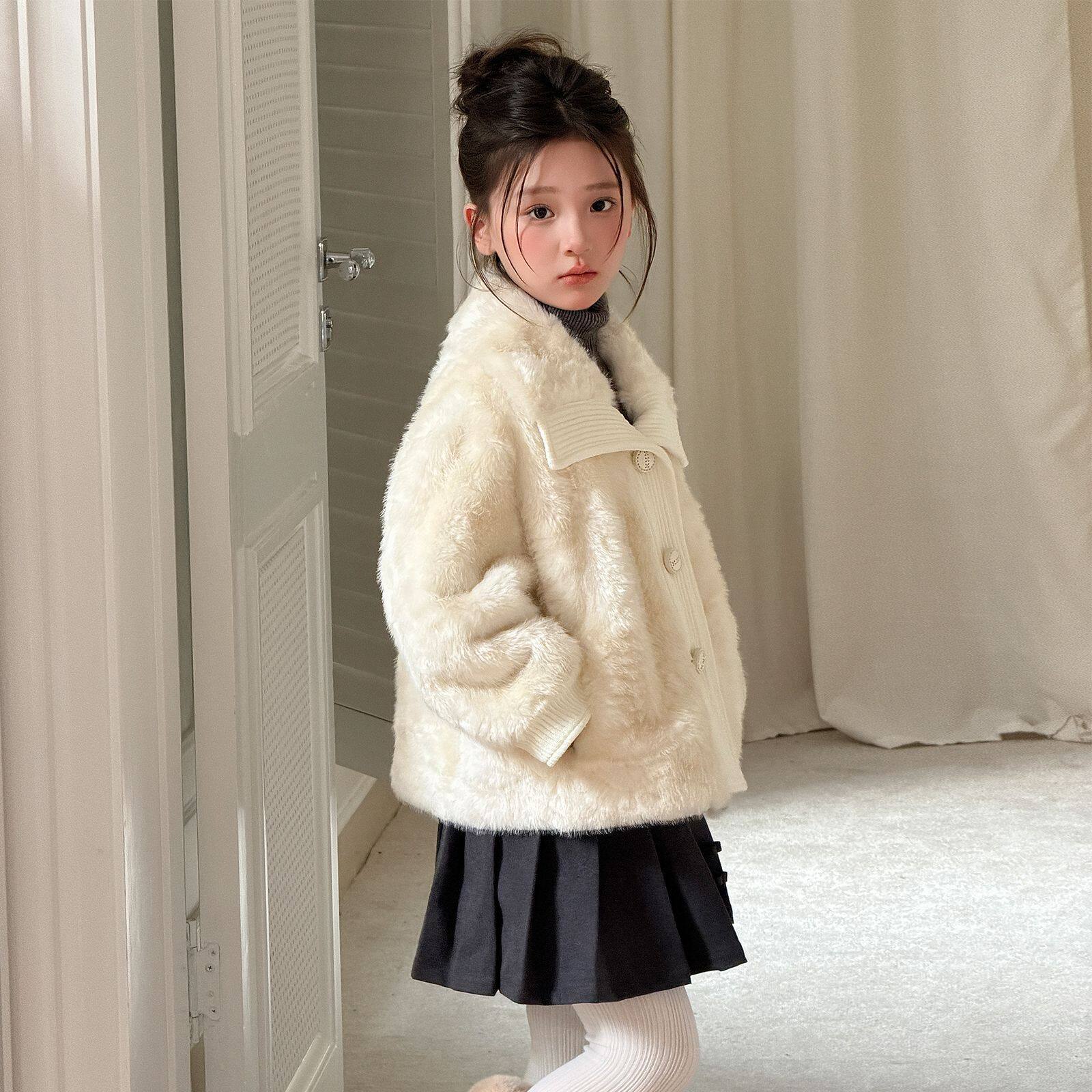 女童皮草外套秋冬新仿羊羔毛针织拼接小香风小个子女儿童毛毛上衣