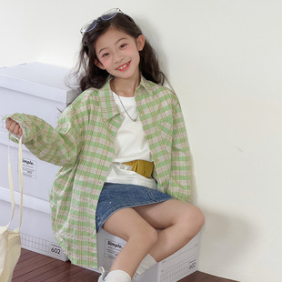 女童格子衬衫春装2026新款春秋女大童韩系长袖薄款外套儿童超好看