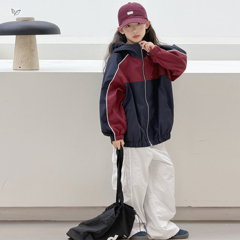 女童2026年春季新款连帽外套中大童休闲撞色拉链衫宽松上衣春秋装
