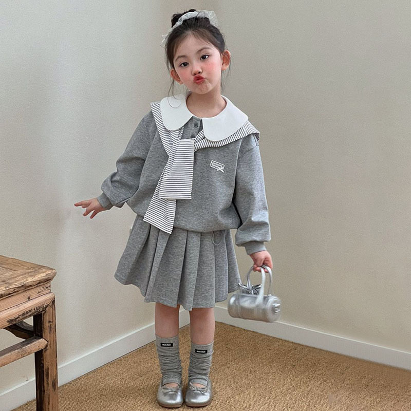 韩系女童2026春季新款气质长袖娃娃领上衣条纹披肩半身裙子三件套
