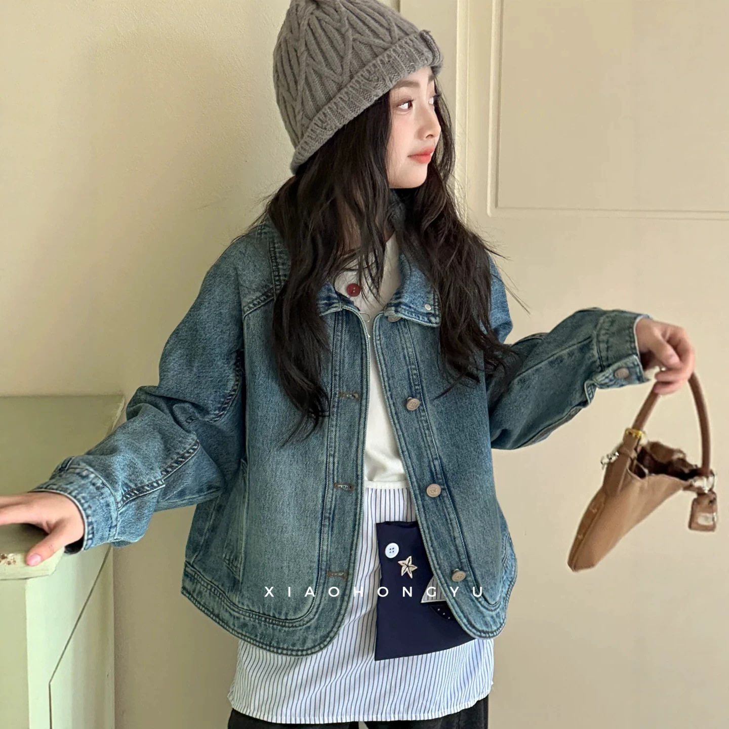小红鱼牛仔外套秋装青少年秋季时髦上衣秋季翻领外衣早秋穿搭亲子