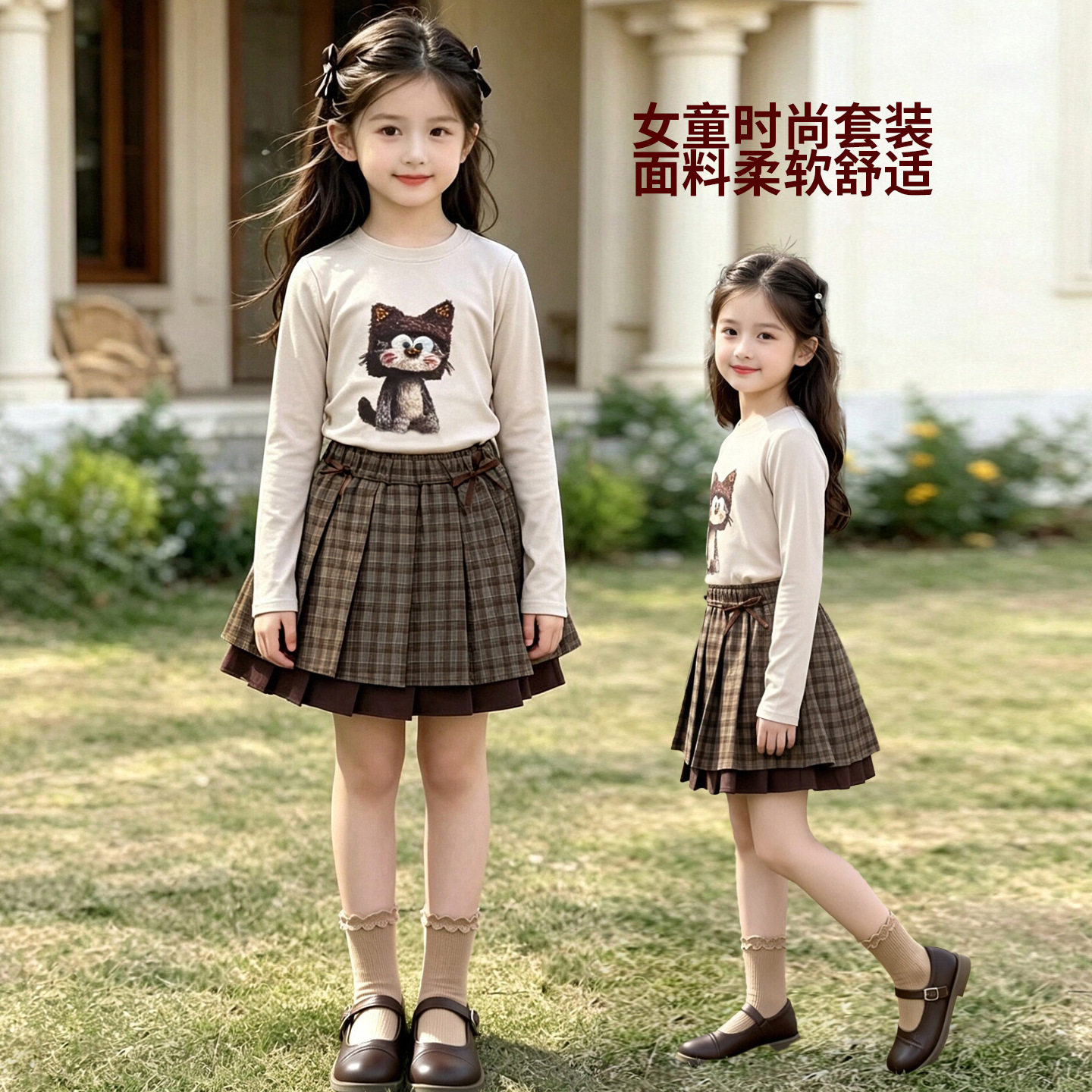 韩版女童套装2026春秋季童装儿童卡通长袖T恤+女童百褶裙子两件套