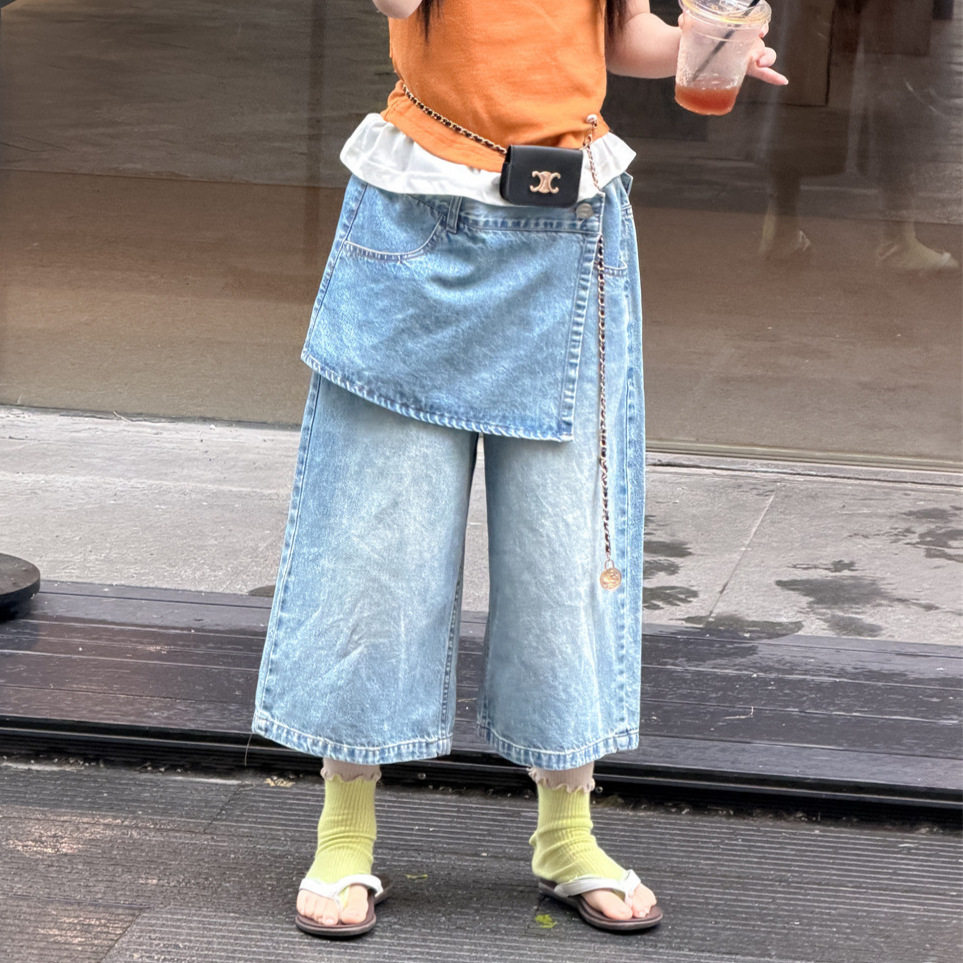 花与寻女童牛仔中裤2026夏季韩系屁帘式牛仔五分裤设计感直筒中裤