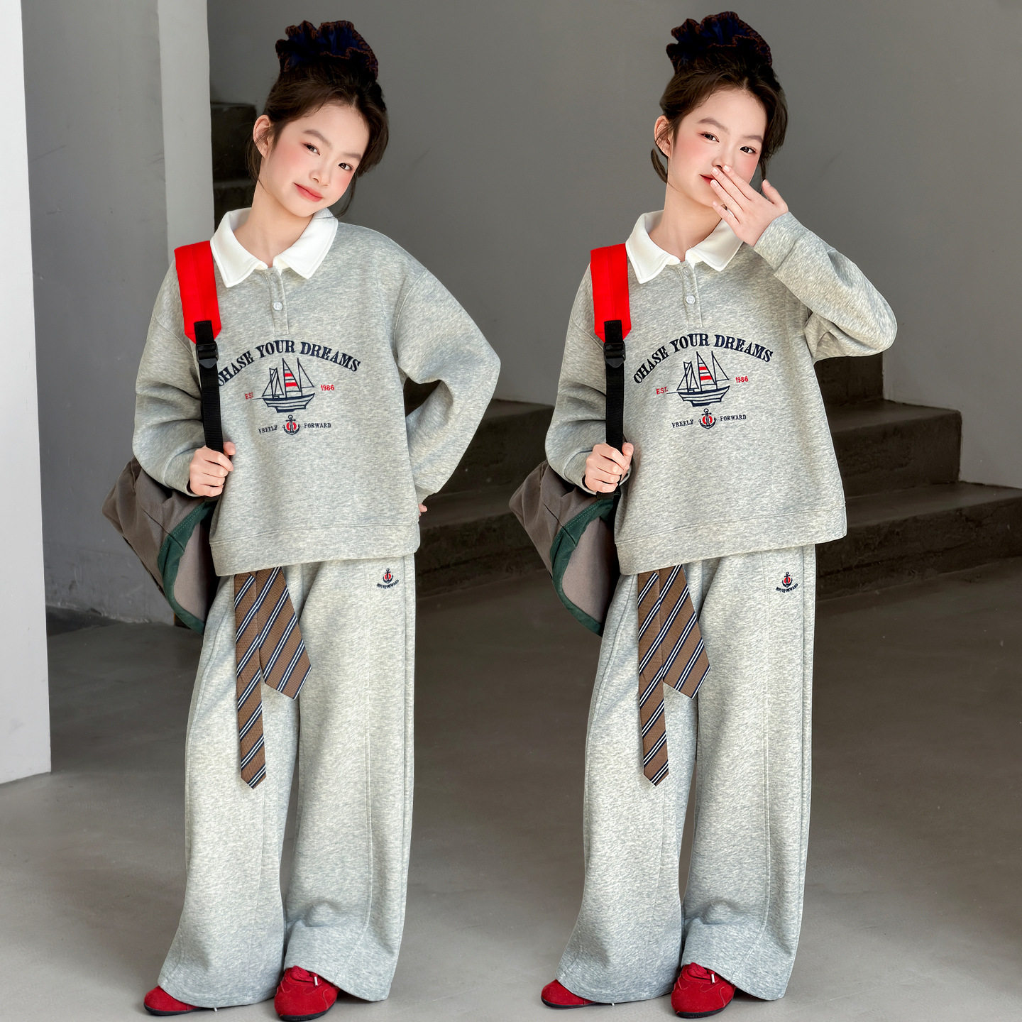 跨境女童套装春秋2026新款中大童POLO领卫衣休闲卫裤两件套儿童春