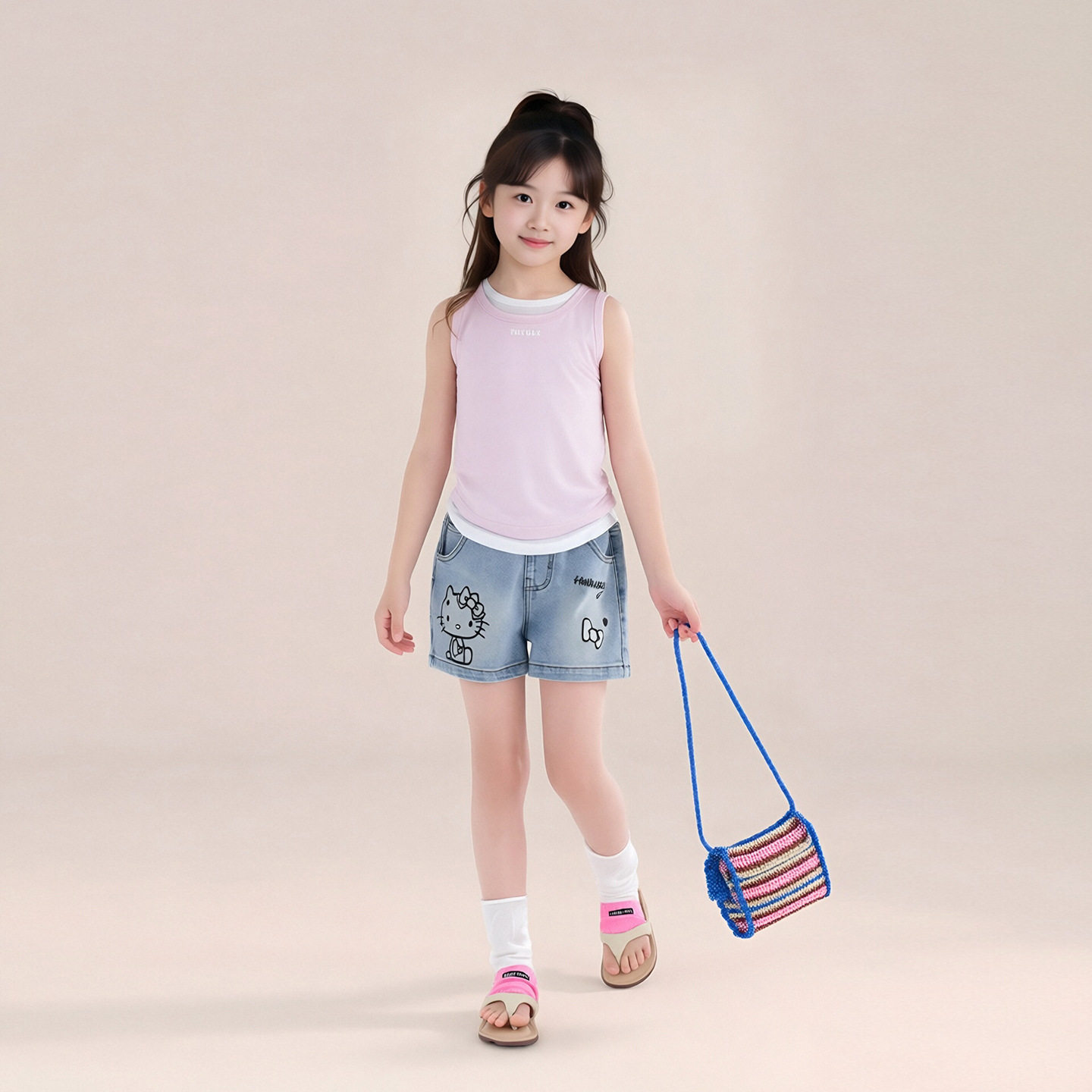 图图小象童装女童牛仔短裤外穿夏2026新款儿童薄款Hellokitty裤子