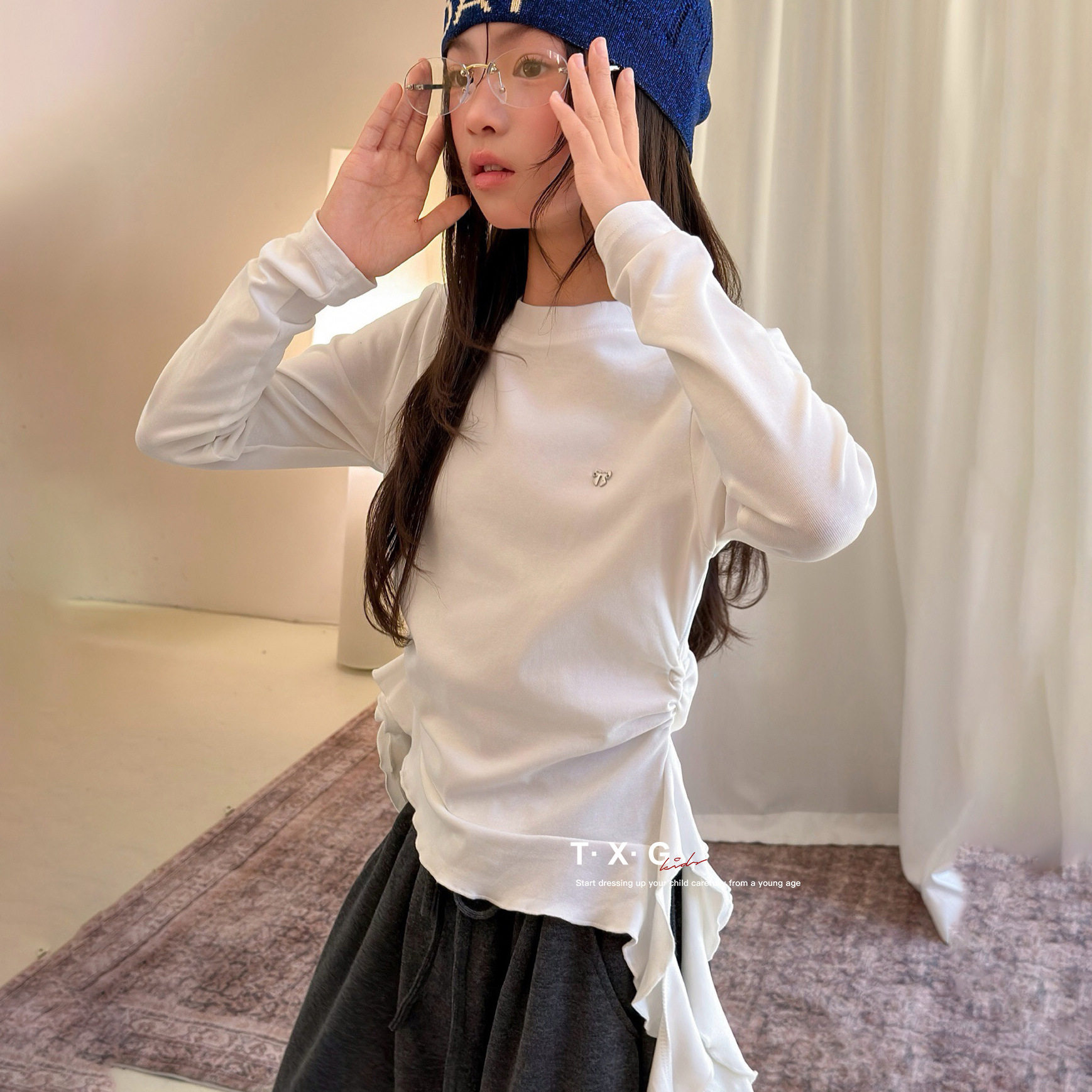 田夕果童装秋女童圆领上衣印花百搭新款儿童时尚不规则荷叶边长袖