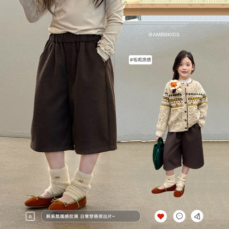 艾摩贝贝儿童氛围感毛呢质感七分毛呢裤女童韩系复古休闲阔腿裤子