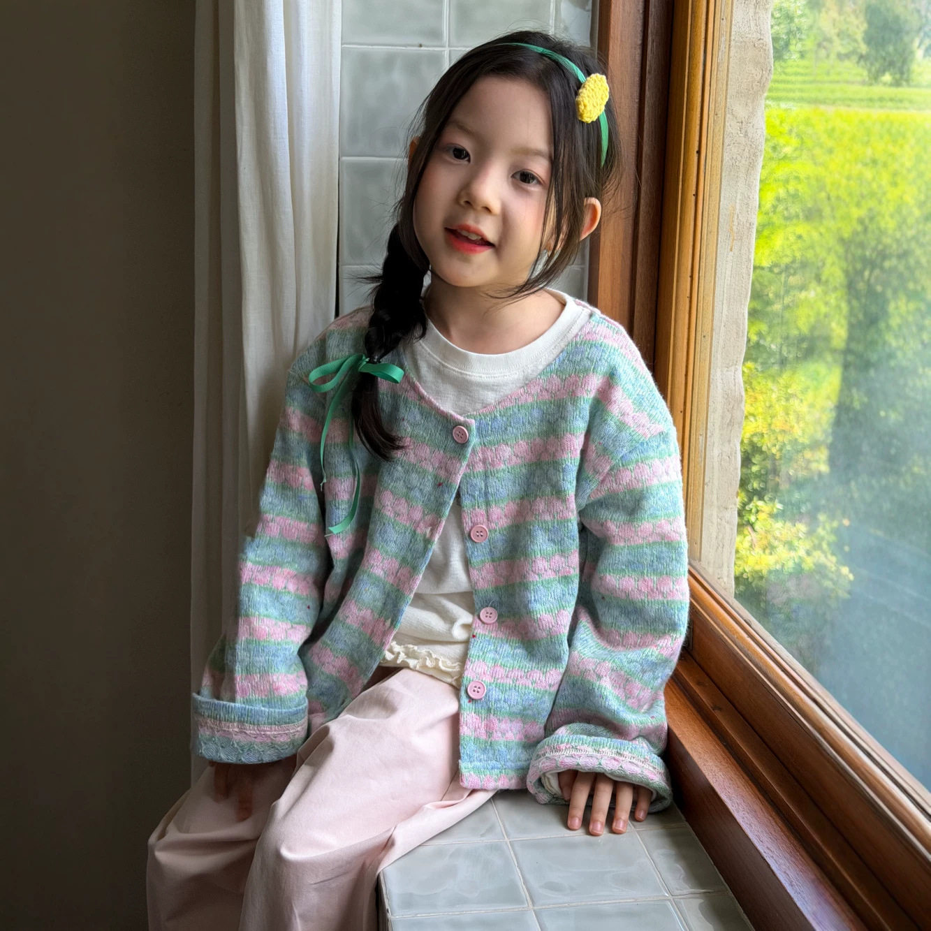 半柚外套2026秋季女童韩版条纹休闲开衫儿童圆领外穿宽松长袖上衣