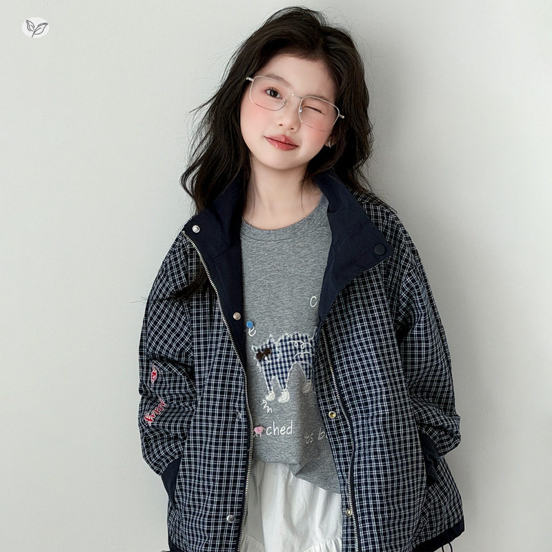 女童外套2026年春季新款休闲格子夹克衫中大童宽松外出上衣双面穿