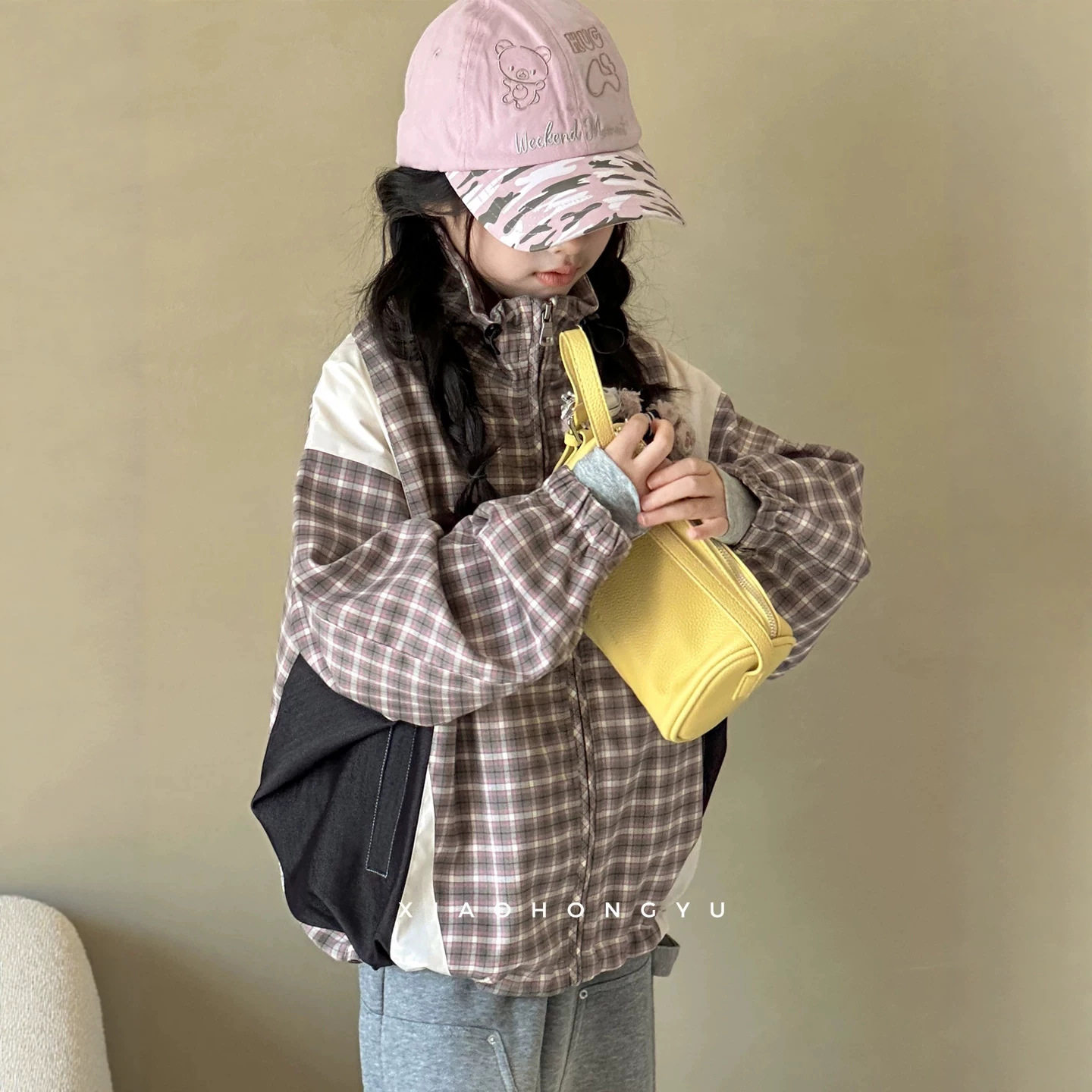 小红鱼女童立领格子外套秋装2026新款秋季亲子装夹克女大童装上衣