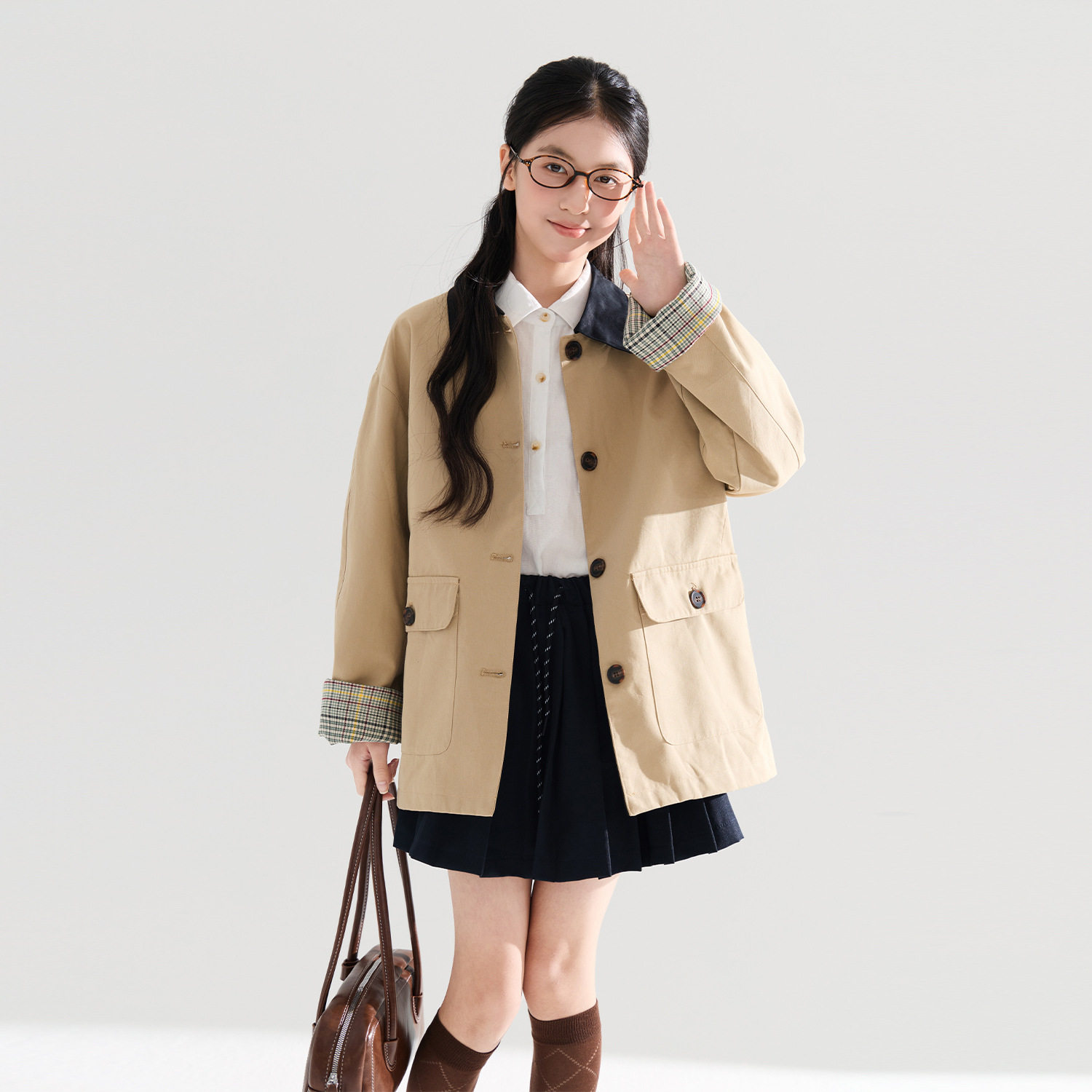 女童英伦格子中长款风衣2026秋装新款儿童潮流洋气翻领拼接外套潮
