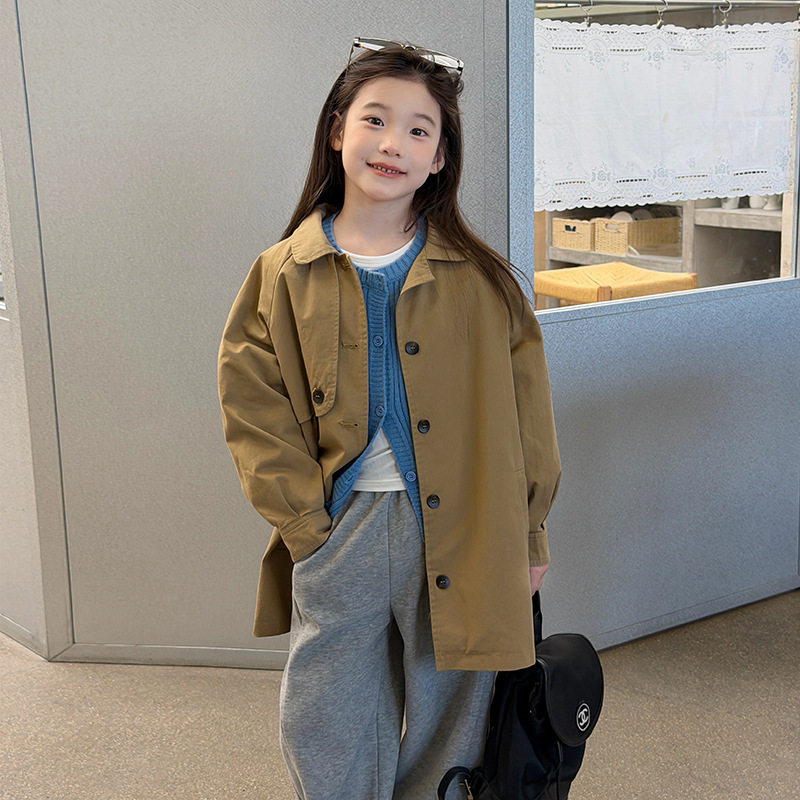 艾摩贝贝儿童韩系中长款风衣中大童翻领休闲单排扣休闲外套上衣