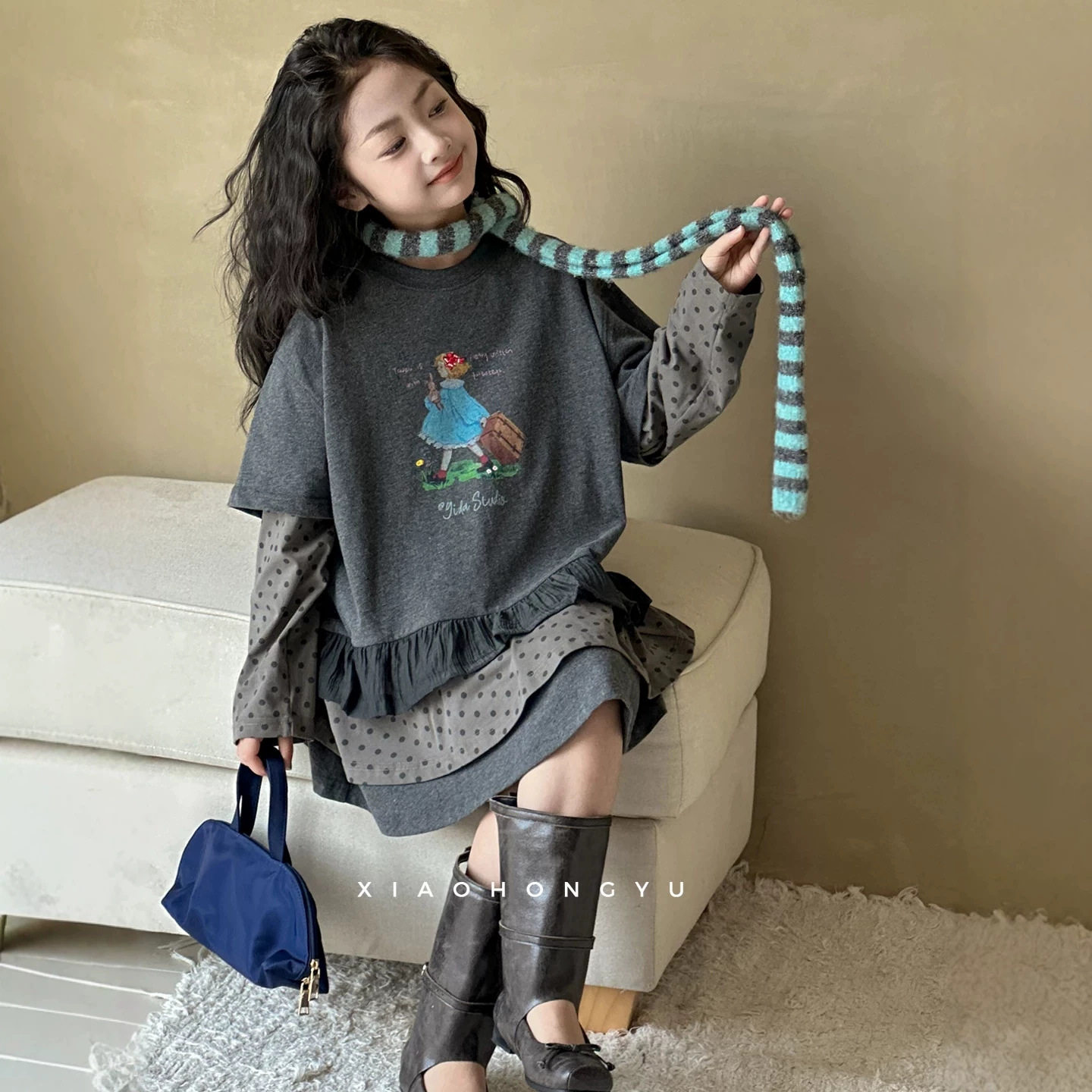 小红鱼童拼接T恤裙秋装2026新款儿童秋季卡通裙子亲子韩国童装