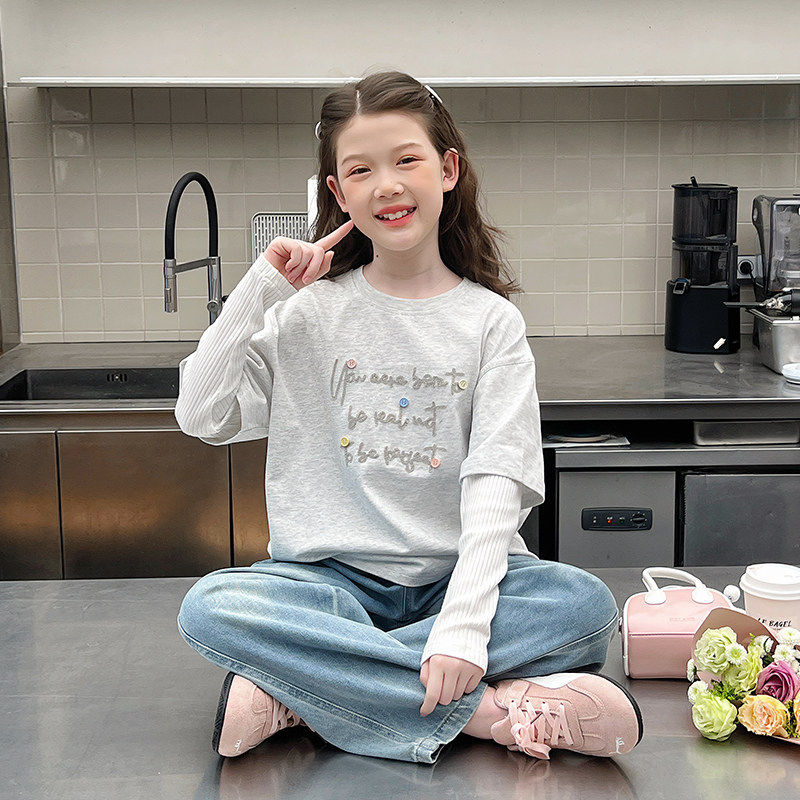 女童假两件长袖t恤儿童洋气宽松打底衫大童上衣2026春秋装新款