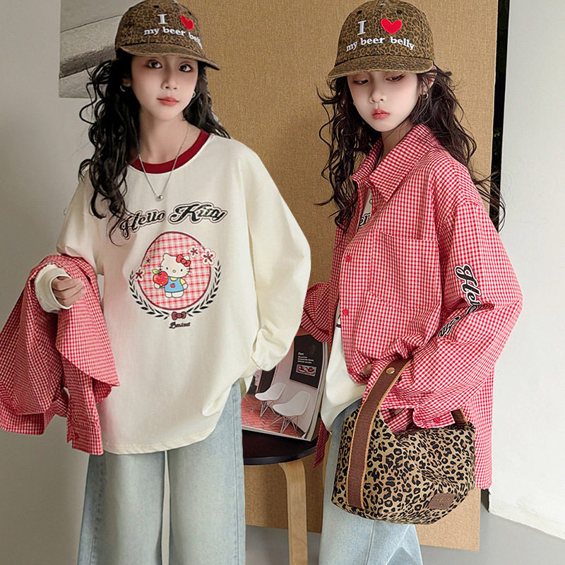 女童卡通T恤纯棉中大童长袖圆领儿童春秋装Kitty猫印花洋气打底衫