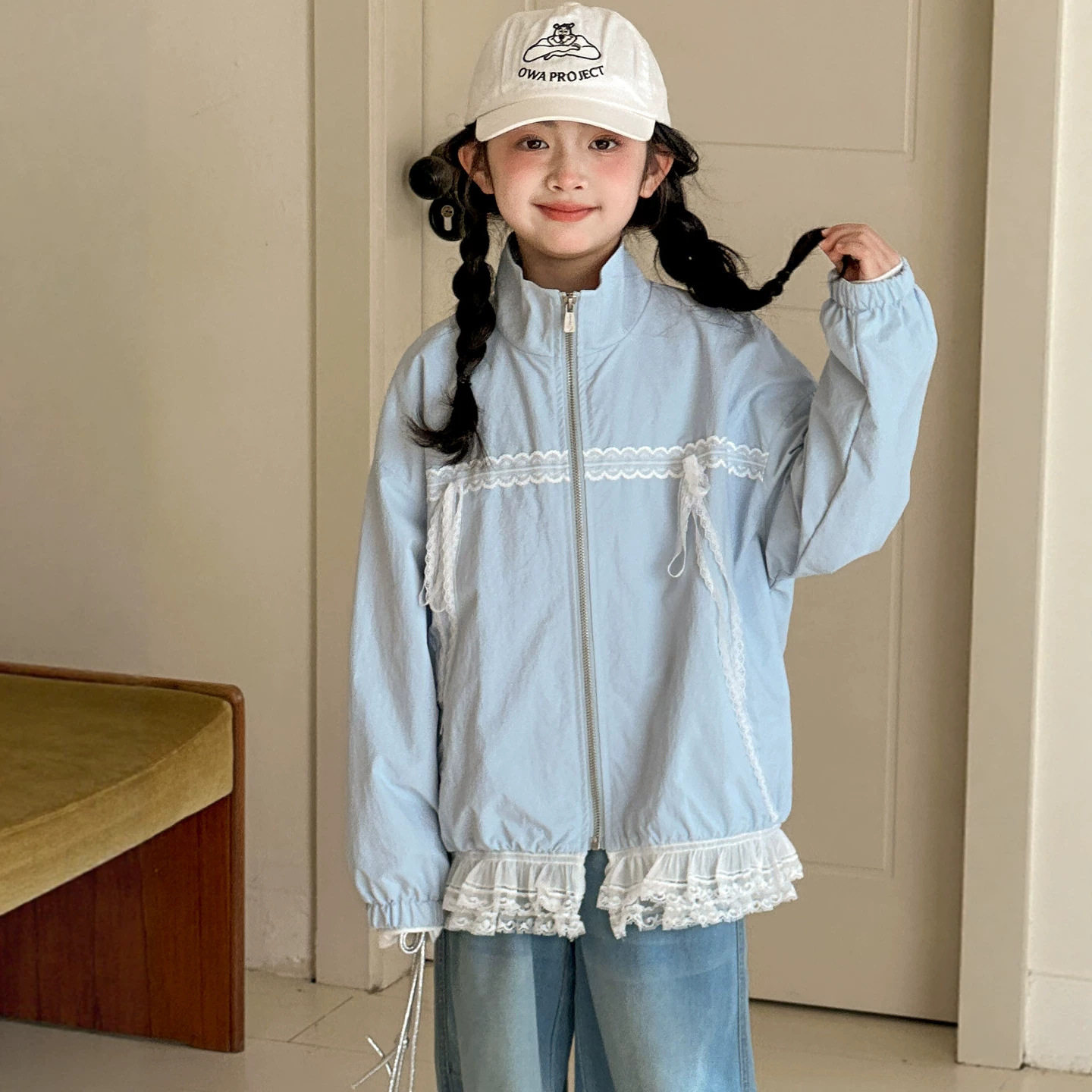 小红鱼女童外套夏装2026新款夏季亲子装花边拼接上衣小女孩拉链衫