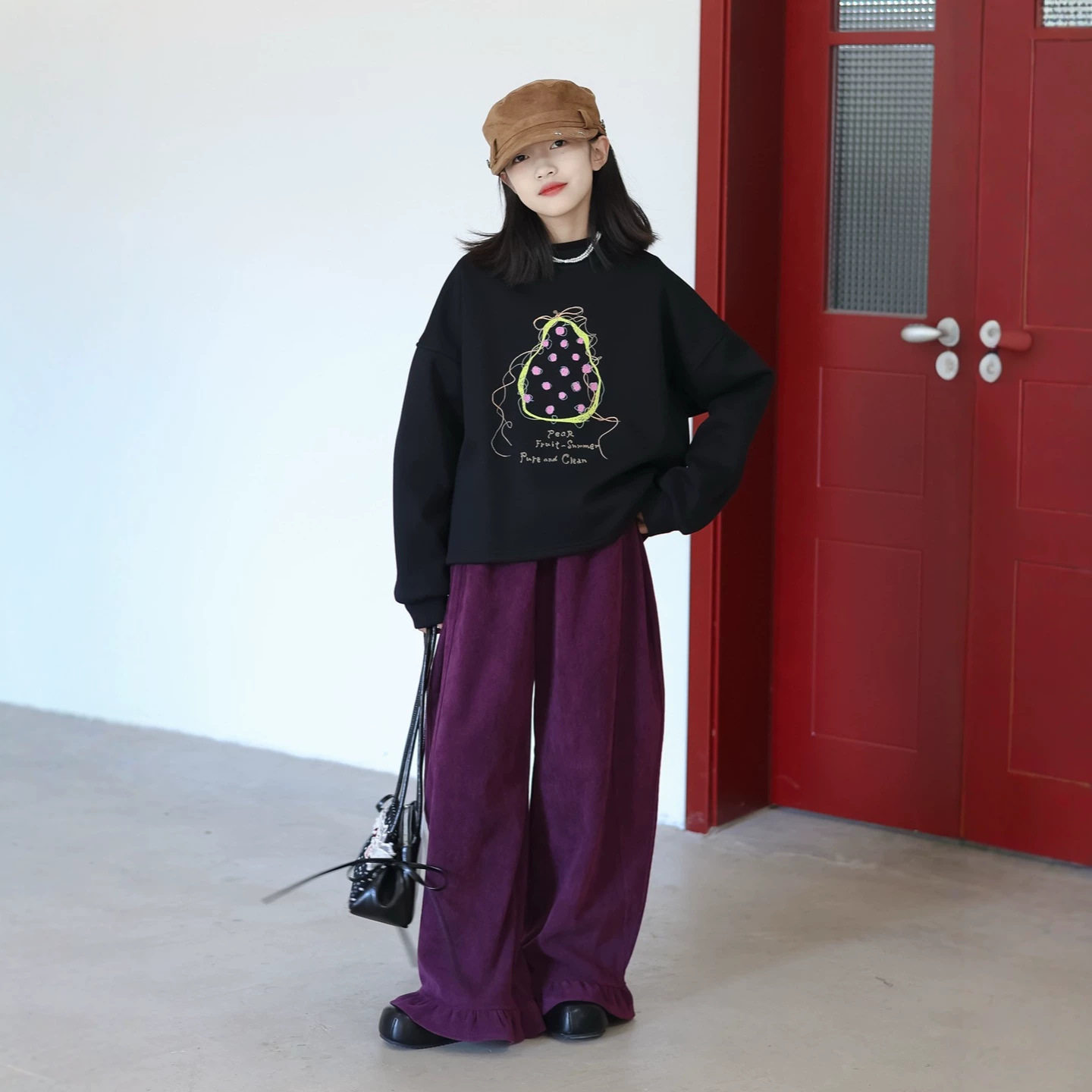 N121韩版新款黑色亲子圆领卫衣女童女大童秋宽松百搭长袖套头上衣