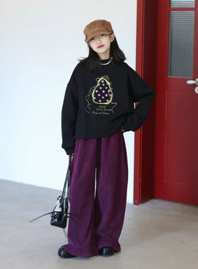 N121韩版新款黑色亲子圆领卫衣女童女大童秋宽松百搭长袖套头上衣