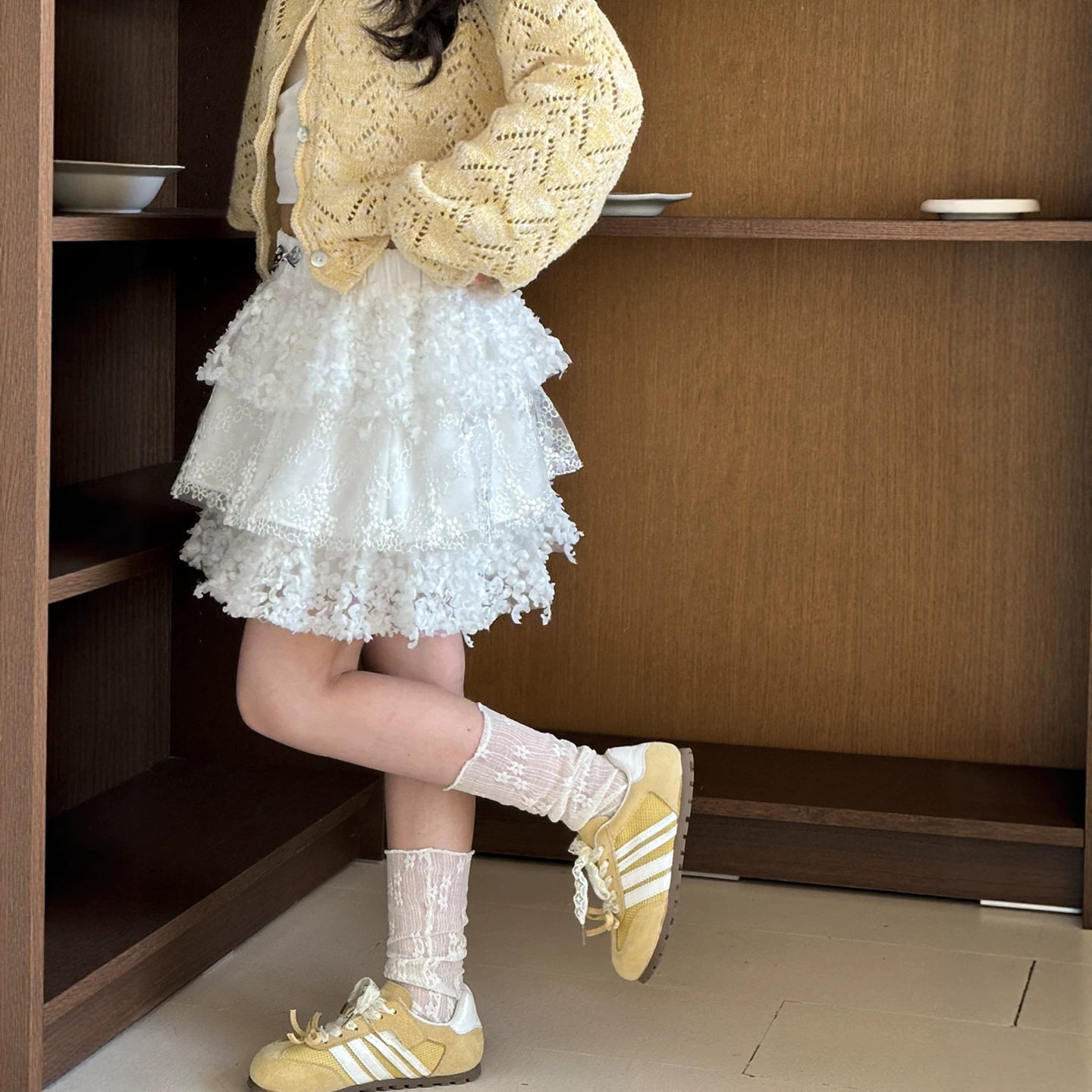 小红鱼女童半身裙夏装2026新款夏季蛋糕裙白色蕾丝公主裙子亲子装