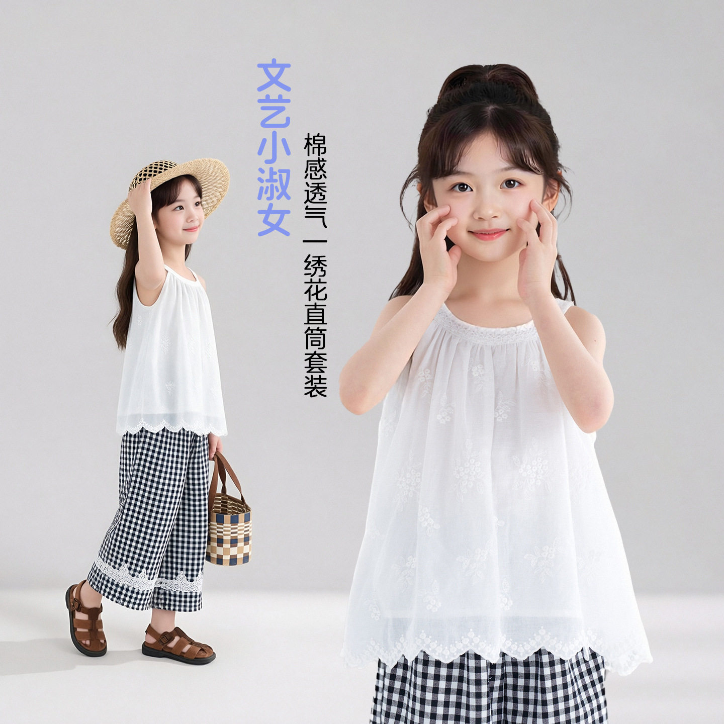 图图小象童装女童夏装套装2026新款儿童棉感上衣透气裤子两件套