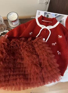 韩版童装2025新款秋冬女童刺绣红色毛衣儿童新年加绒蛋糕裙两件套