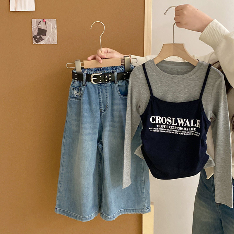 女童修身吊带打底衫假两件长袖T恤春秋季儿童百搭阔腿牛仔裤套装