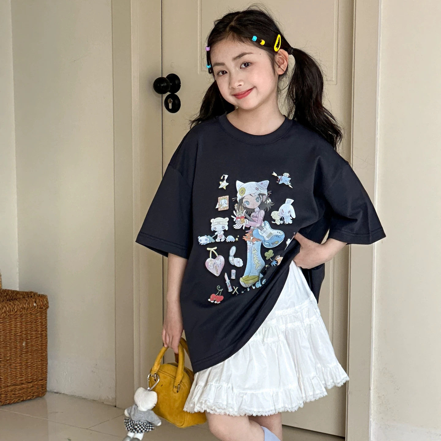 小红鱼女童短袖T恤夏装2026年韩国童装亲子夏季宽松卡通印花上衣