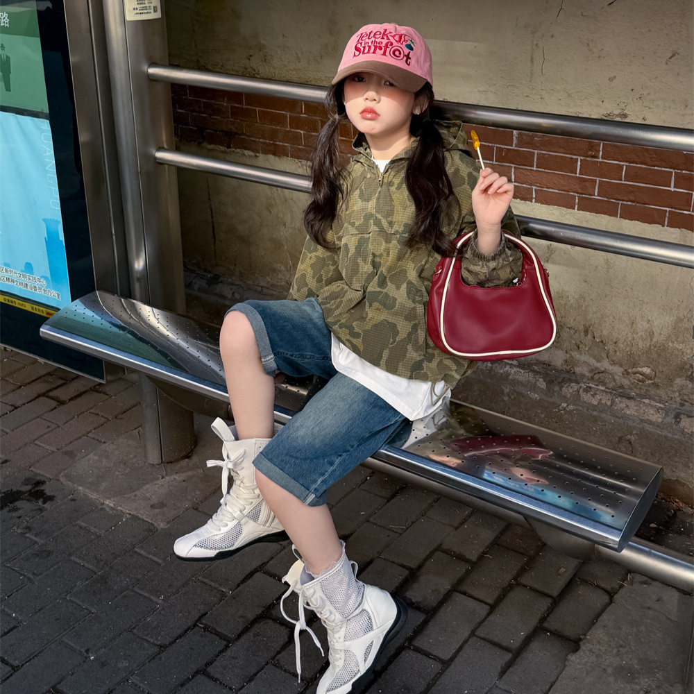 花与寻女童休闲短裤2026年春款牛仔卷边设计宽松显瘦儿童五分裤潮